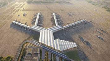Aerial rendering of the planned Port Polska airport terminal