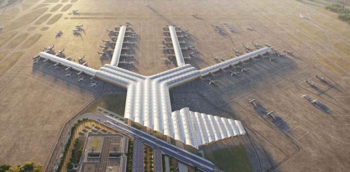 Aerial rendering of the planned Port Polska airport terminal