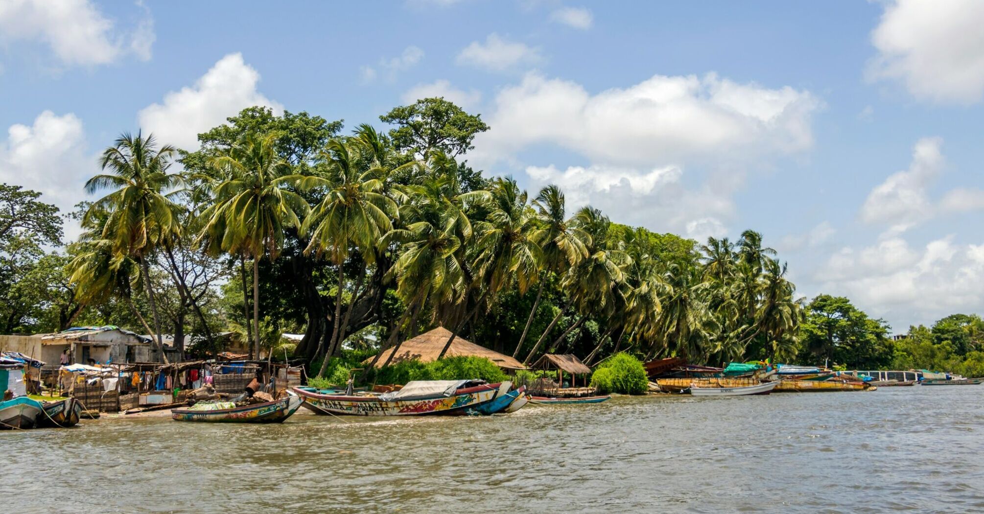 Senegal coastline with palm trees and traditional boats