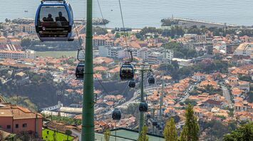 Cable car above a Portuguese town and coastline