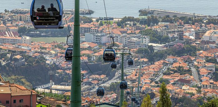 Cable car above a Portuguese town and coastline