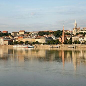 Cruise boats beside Budapest’s Buda riverfront