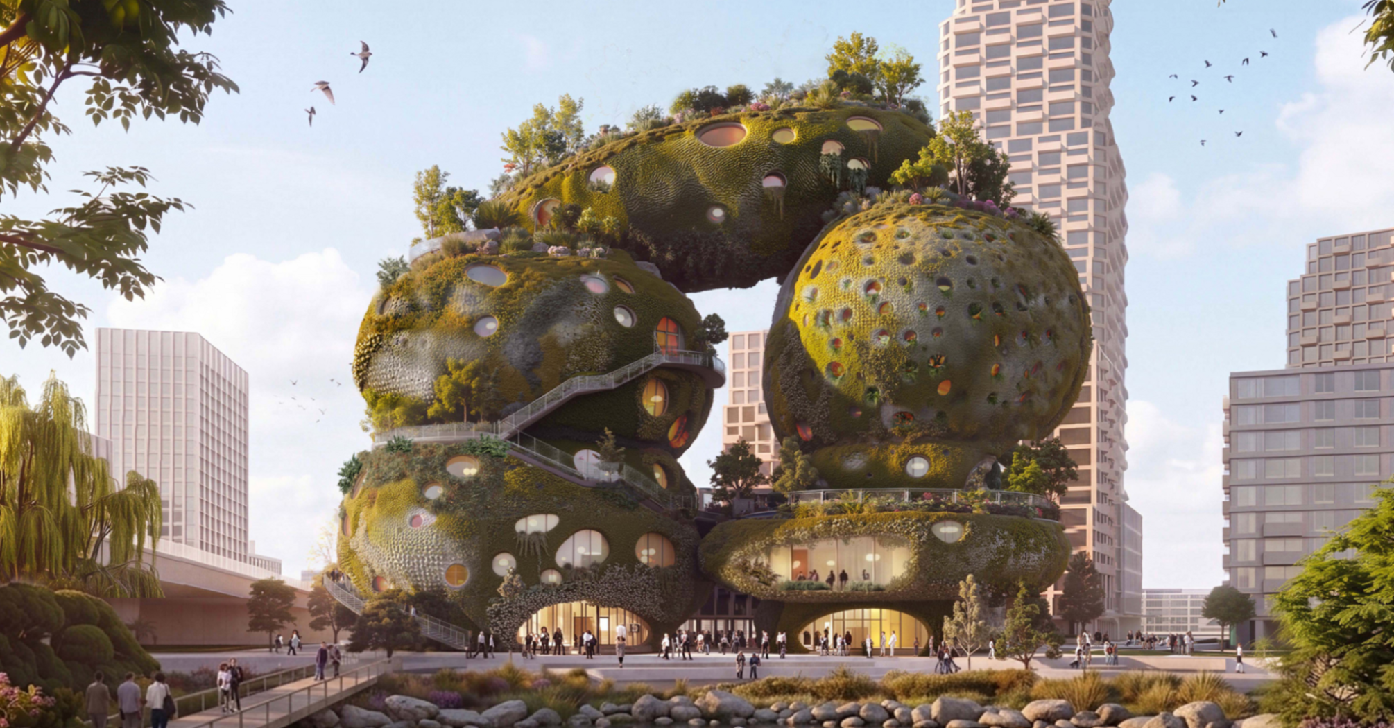 Rendering of the greenery-covered Rotterdam ROCKS building