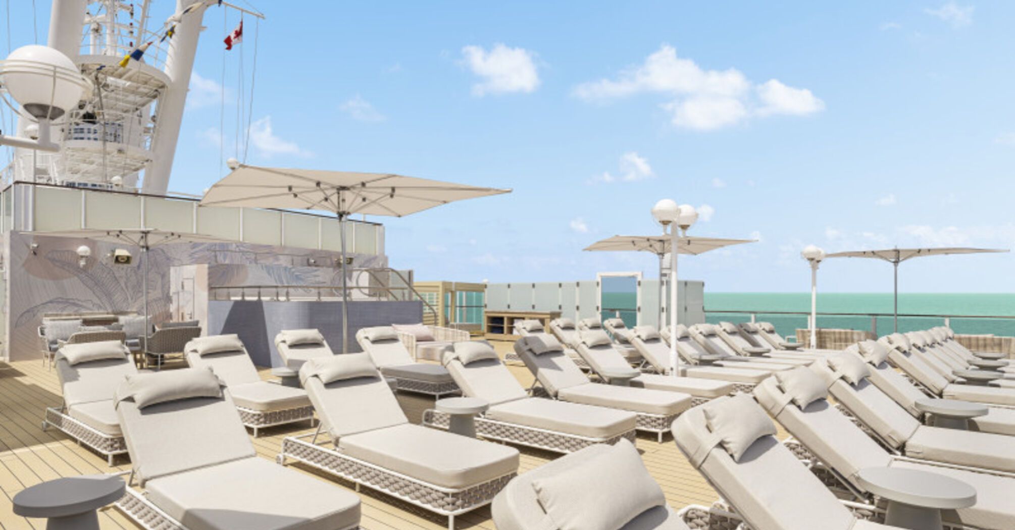 Adults-only cruise ship sun deck with loungers
