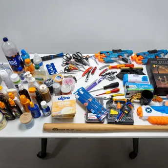Confiscated liquids, tools and toys at Manchester Airport
