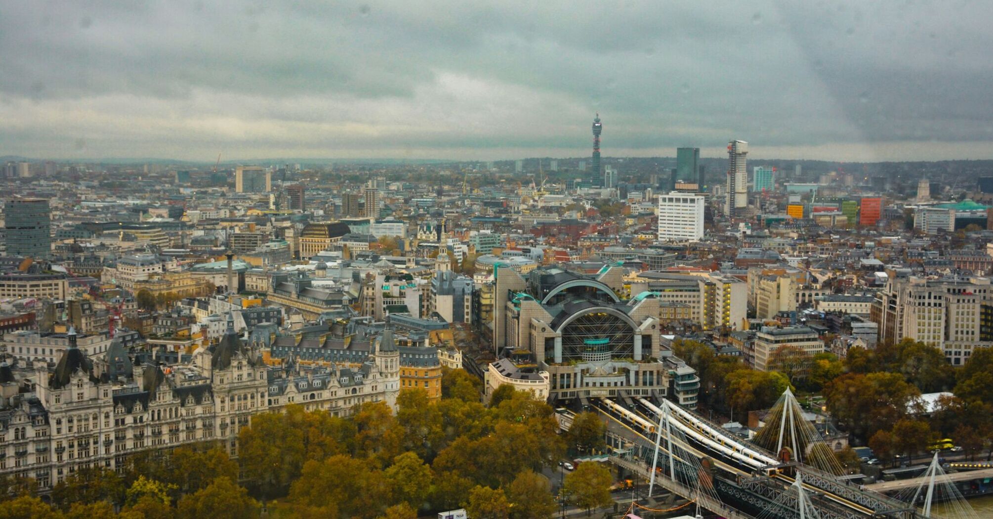 Aerial view of London Charing Cross station and Hungerford Bridge