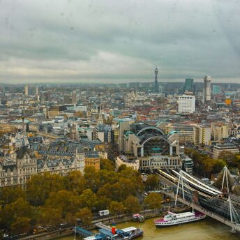 Aerial view of London Charing Cross station and Hungerford Bridge