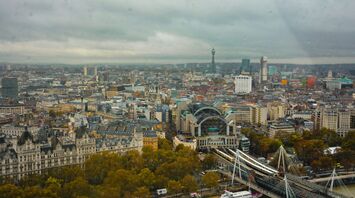 Aerial view of London Charing Cross station and Hungerford Bridge