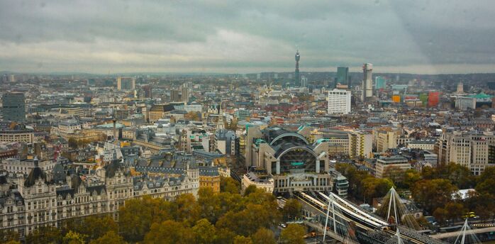 Aerial view of London Charing Cross station and Hungerford Bridge