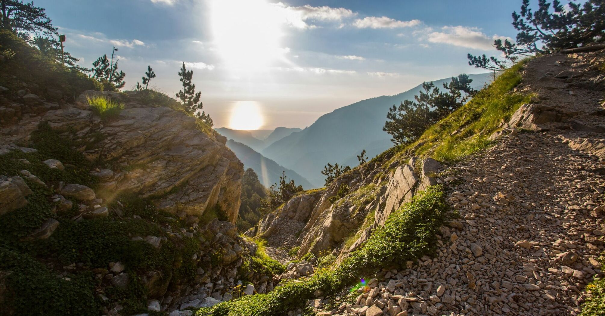 Rocky trail on Mount Olympus at sunrise