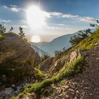 Rocky trail on Mount Olympus at sunrise