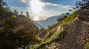 Rocky trail on Mount Olympus at sunrise