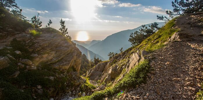 Rocky trail on Mount Olympus at sunrise