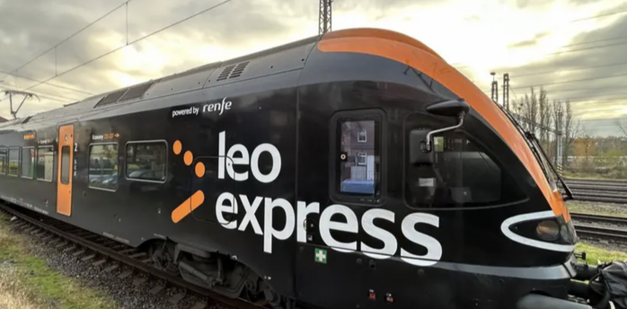 Leo Express train at a railway station