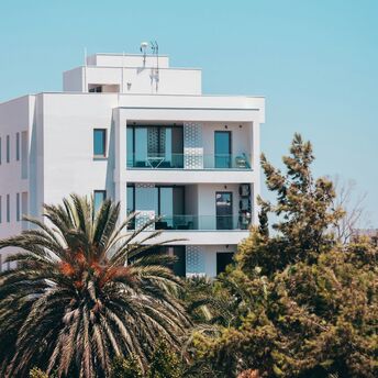 White tourist accommodation building in Cyprus