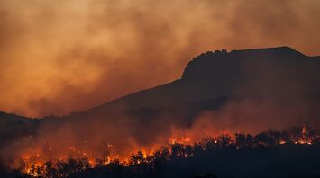 Wildfire burning across hills at sunset