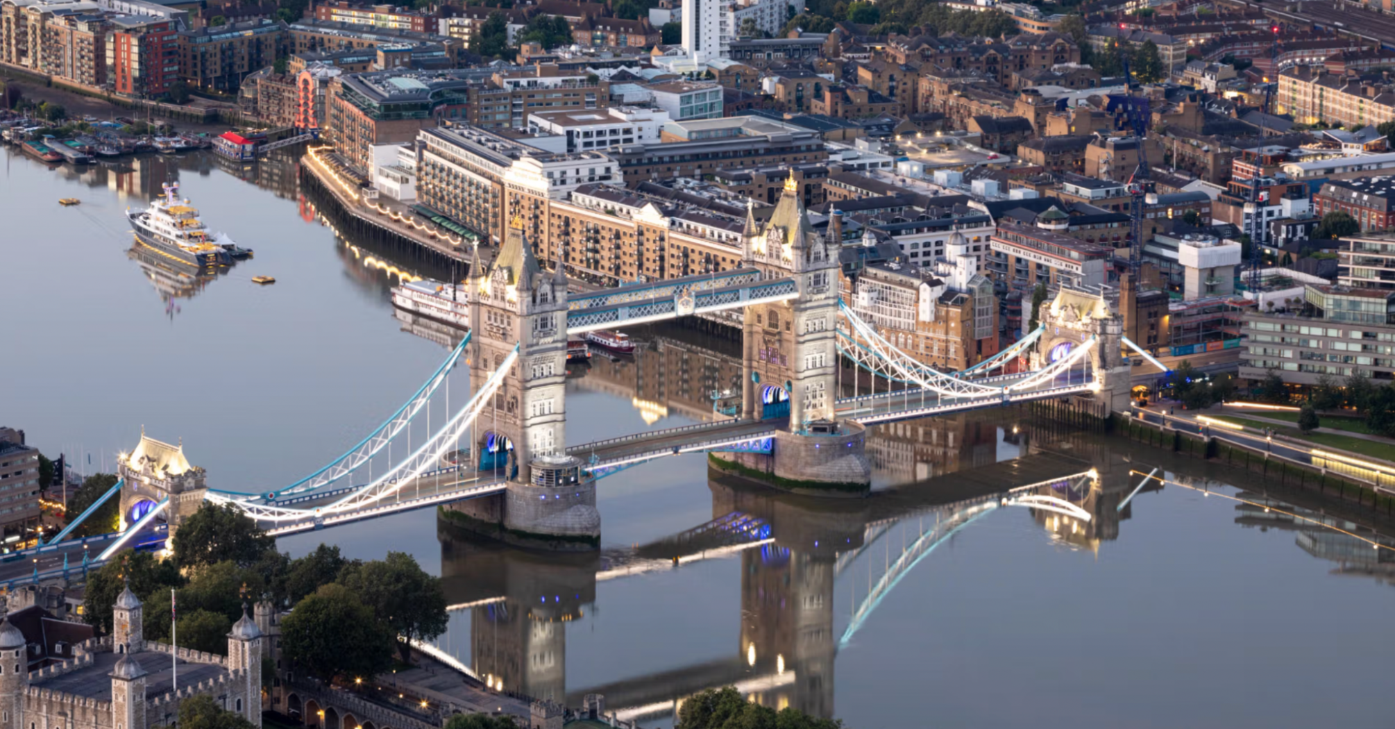 Aerial view of Tower Bridge and London