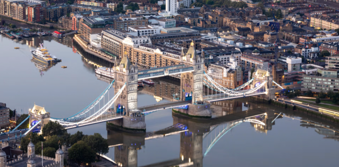 Aerial view of Tower Bridge and London