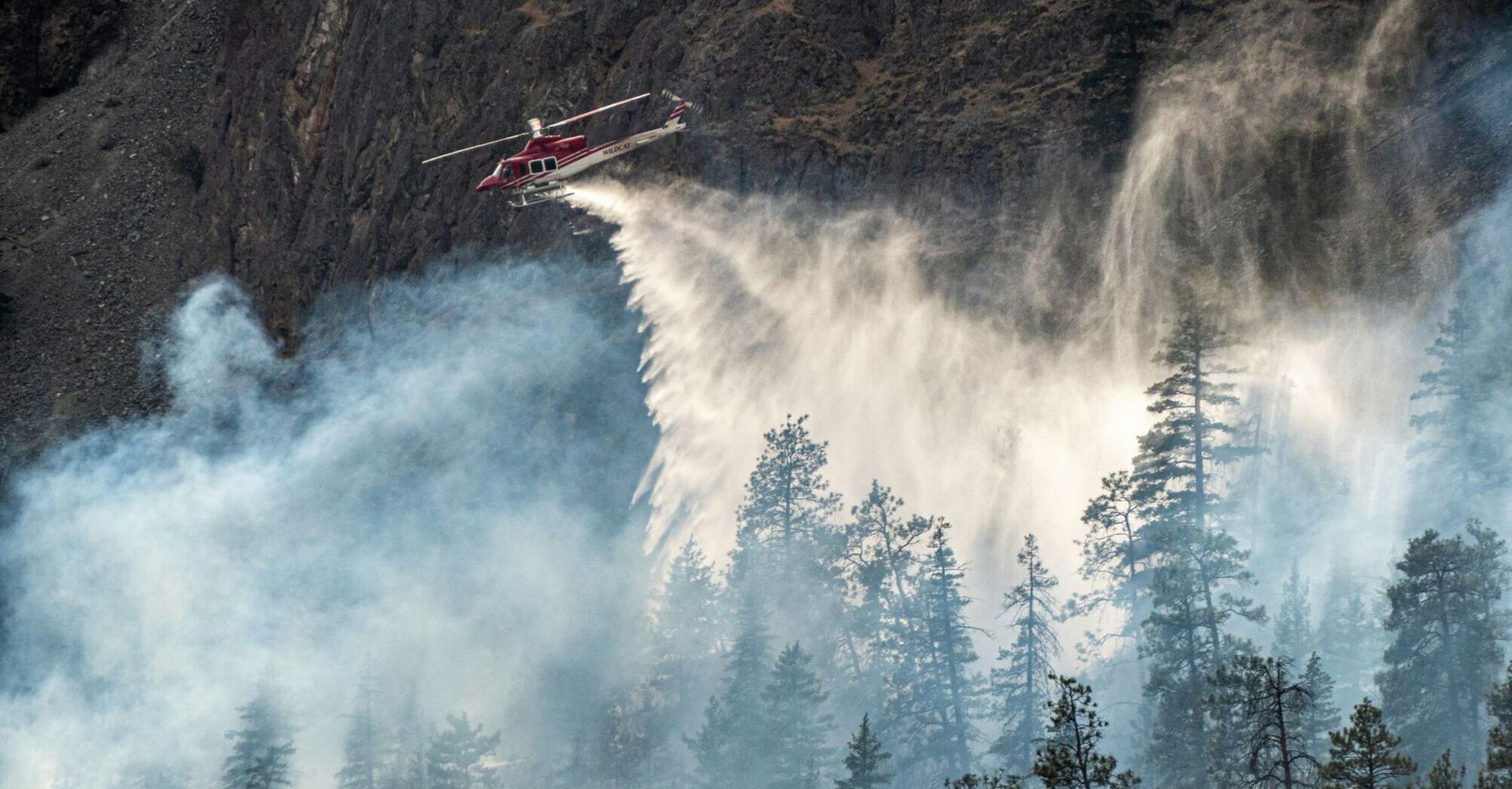 Firefighting helicopter dropping water over a forest