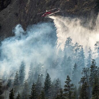 Firefighting helicopter dropping water over a forest