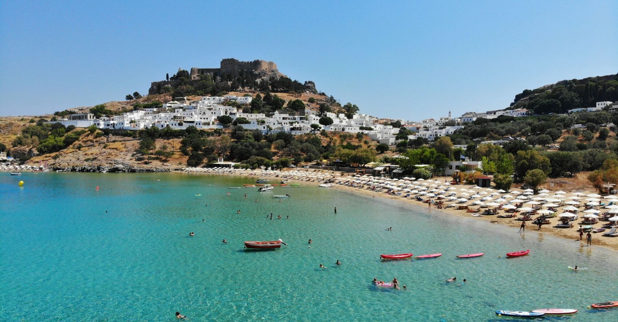 Lindos beach and Acropolis on Rhodes