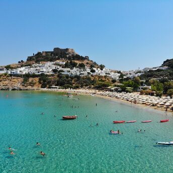Lindos beach and Acropolis on Rhodes
