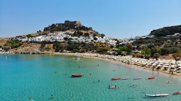 Lindos beach and Acropolis on Rhodes