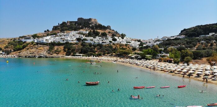 Lindos beach and Acropolis on Rhodes