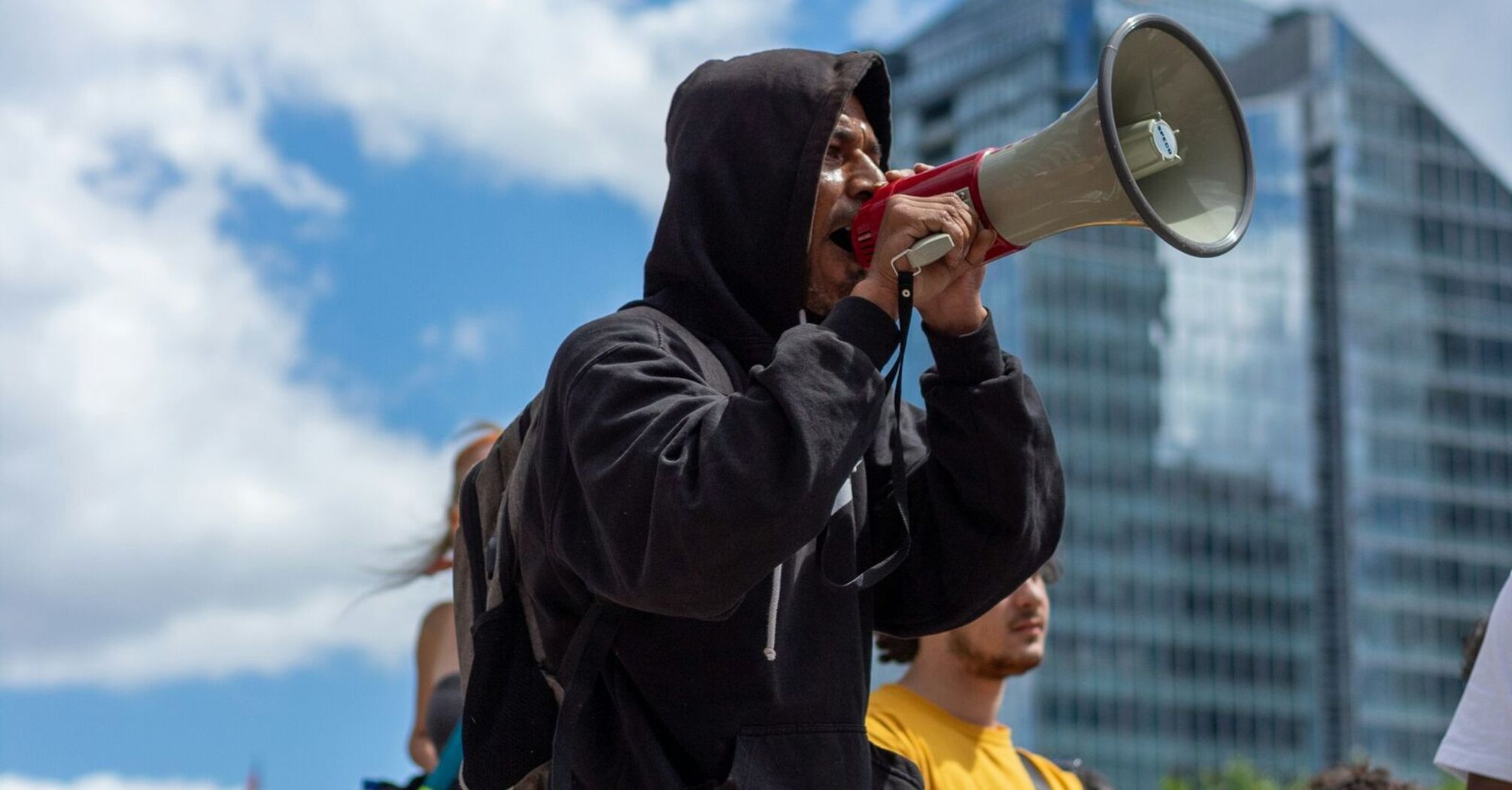 Protester speaking through a megaphone