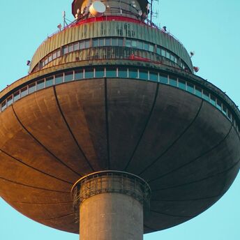 Close-up of Vilnius TV Tower at sunset