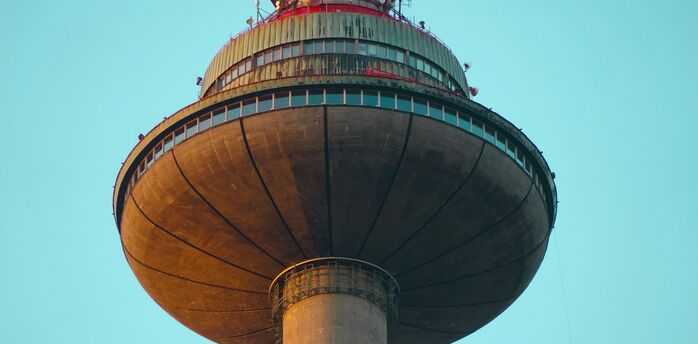 Close-up of Vilnius TV Tower at sunset