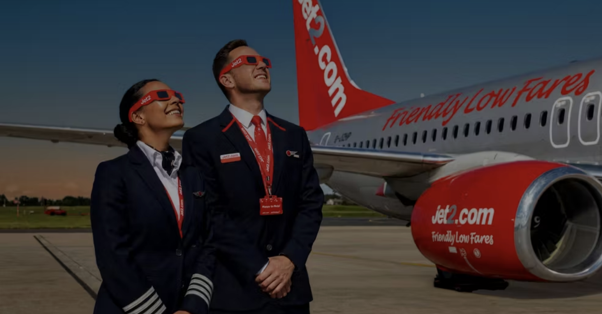 Jet2 crew wearing solar eclipse glasses