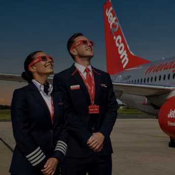 Jet2 crew wearing solar eclipse glasses