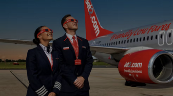 Jet2 crew wearing solar eclipse glasses