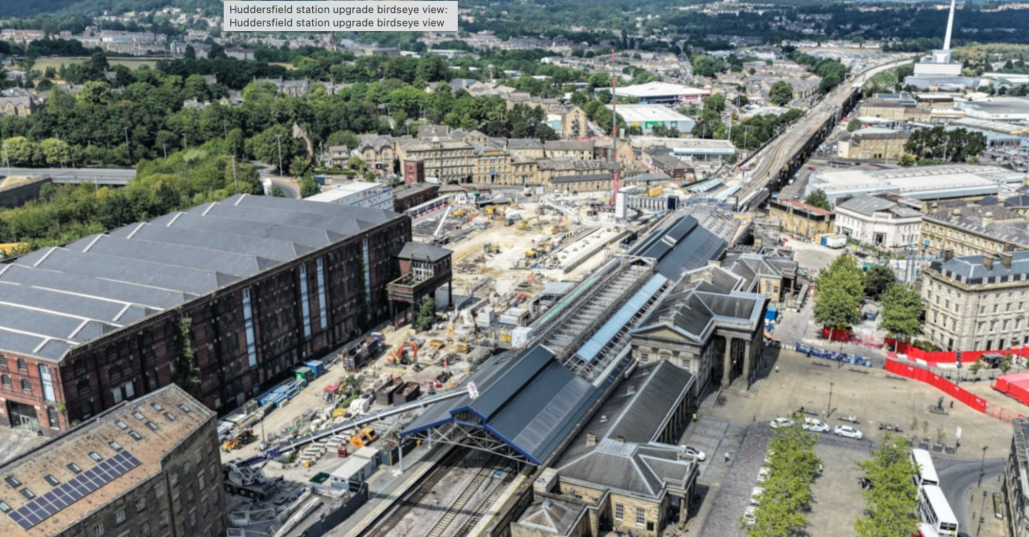 Aerial view of Huddersfield station upgrade works