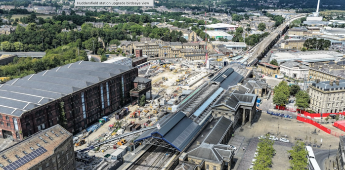 Aerial view of Huddersfield station upgrade works