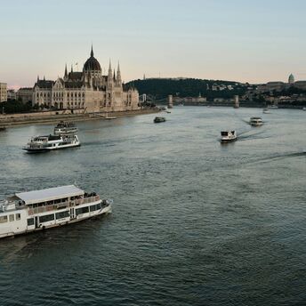 River cruise boats sailing on the Danube in Budapest