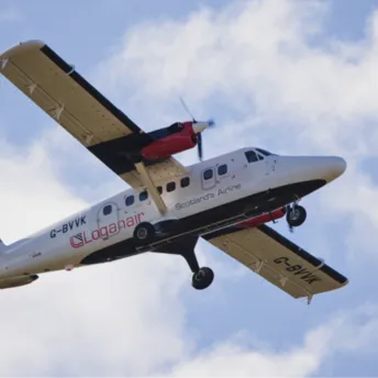 Loganair aircraft flying against a cloudy sky