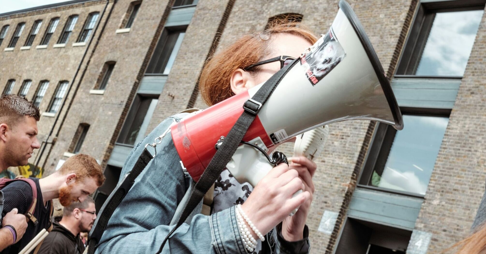 Protester speaking through a megaphone