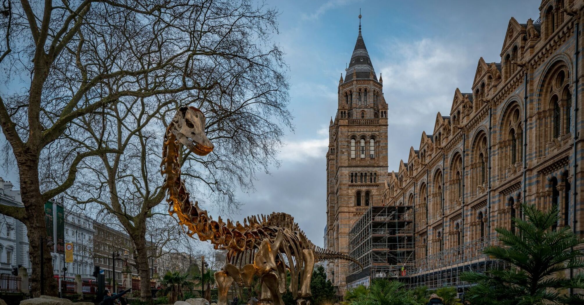 Natural History Museum exterior with dinosaur display