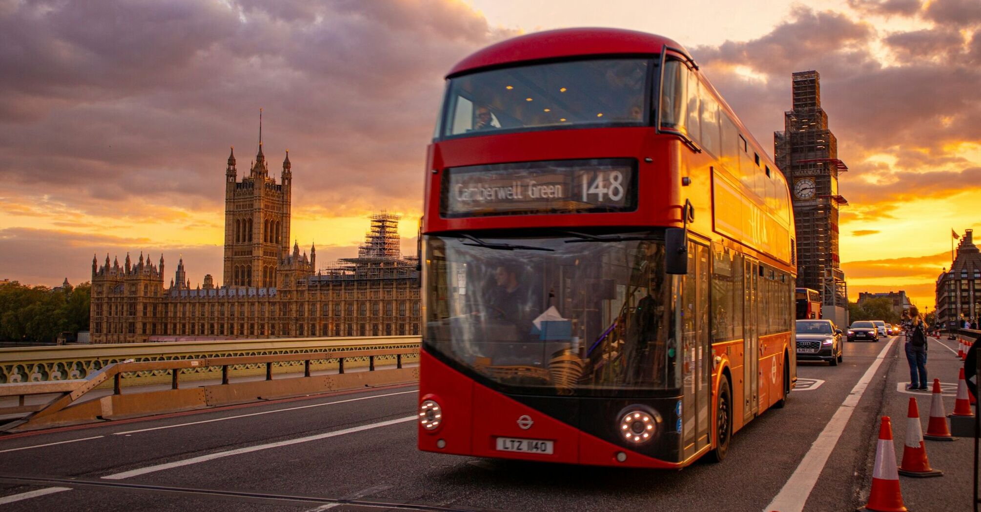 London bus passing the Houses of Parliament