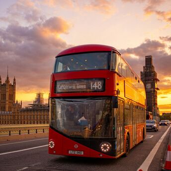 London bus passing the Houses of Parliament