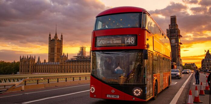 London bus passing the Houses of Parliament