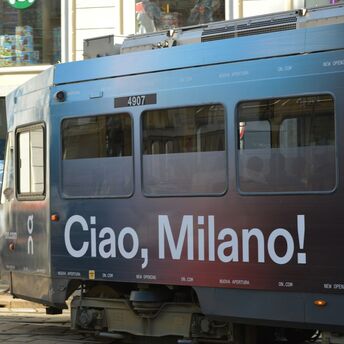 Milan tram with Ciao Milano advertisement