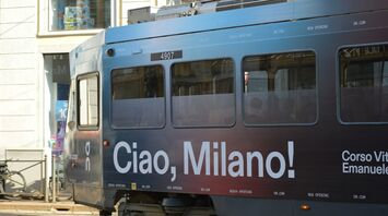 Milan tram with Ciao Milano advertisement