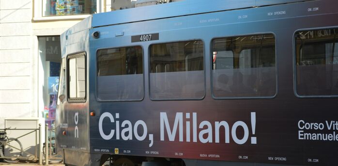 Milan tram with Ciao Milano advertisement