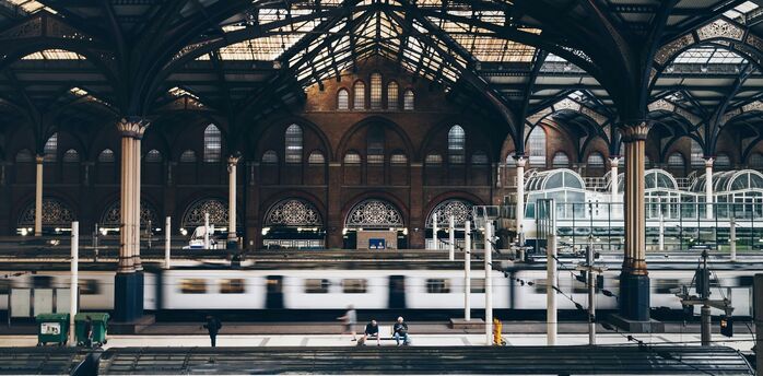 Train passing through a British railway station