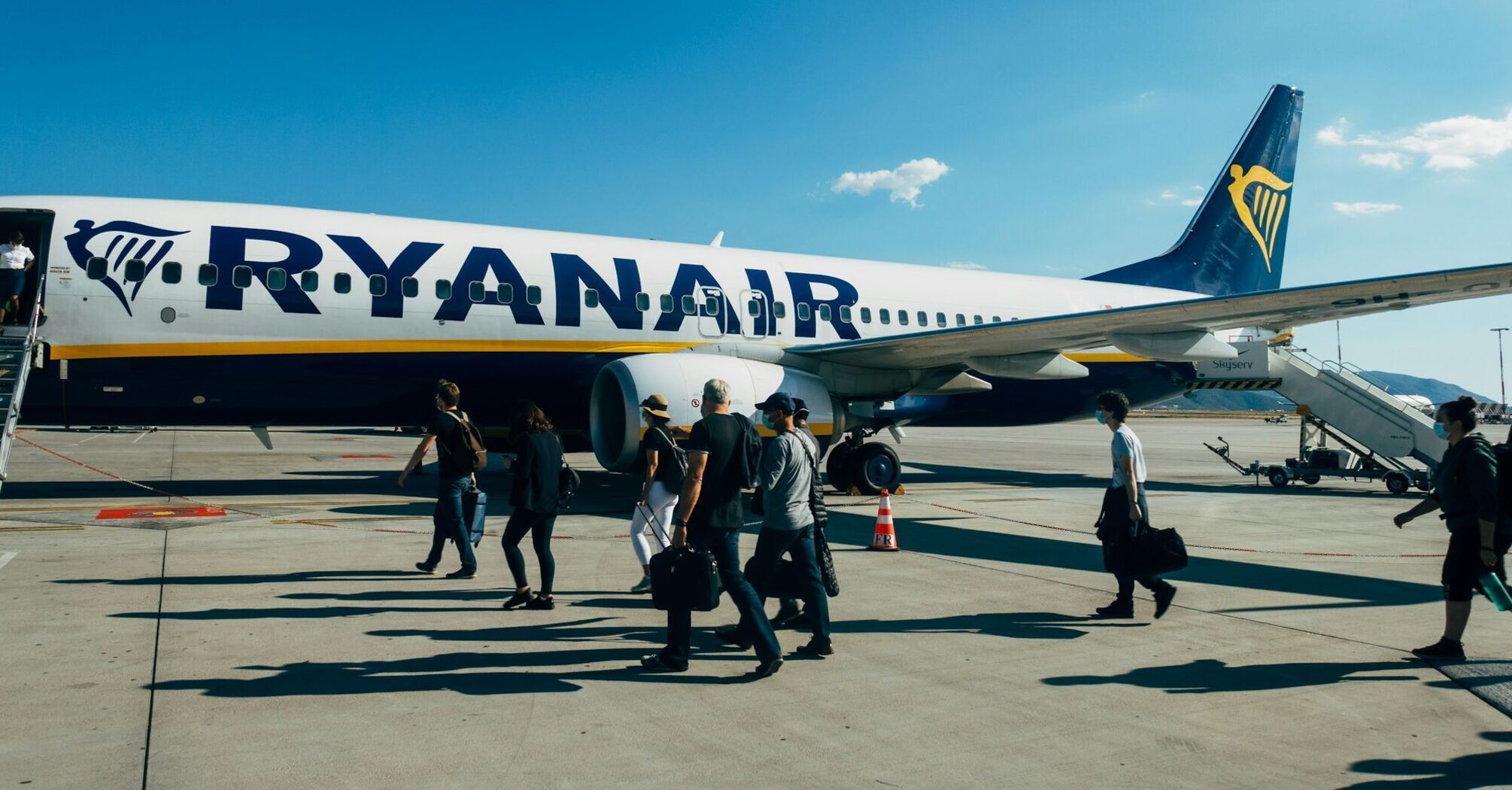Ryanair passengers boarding an aircraft