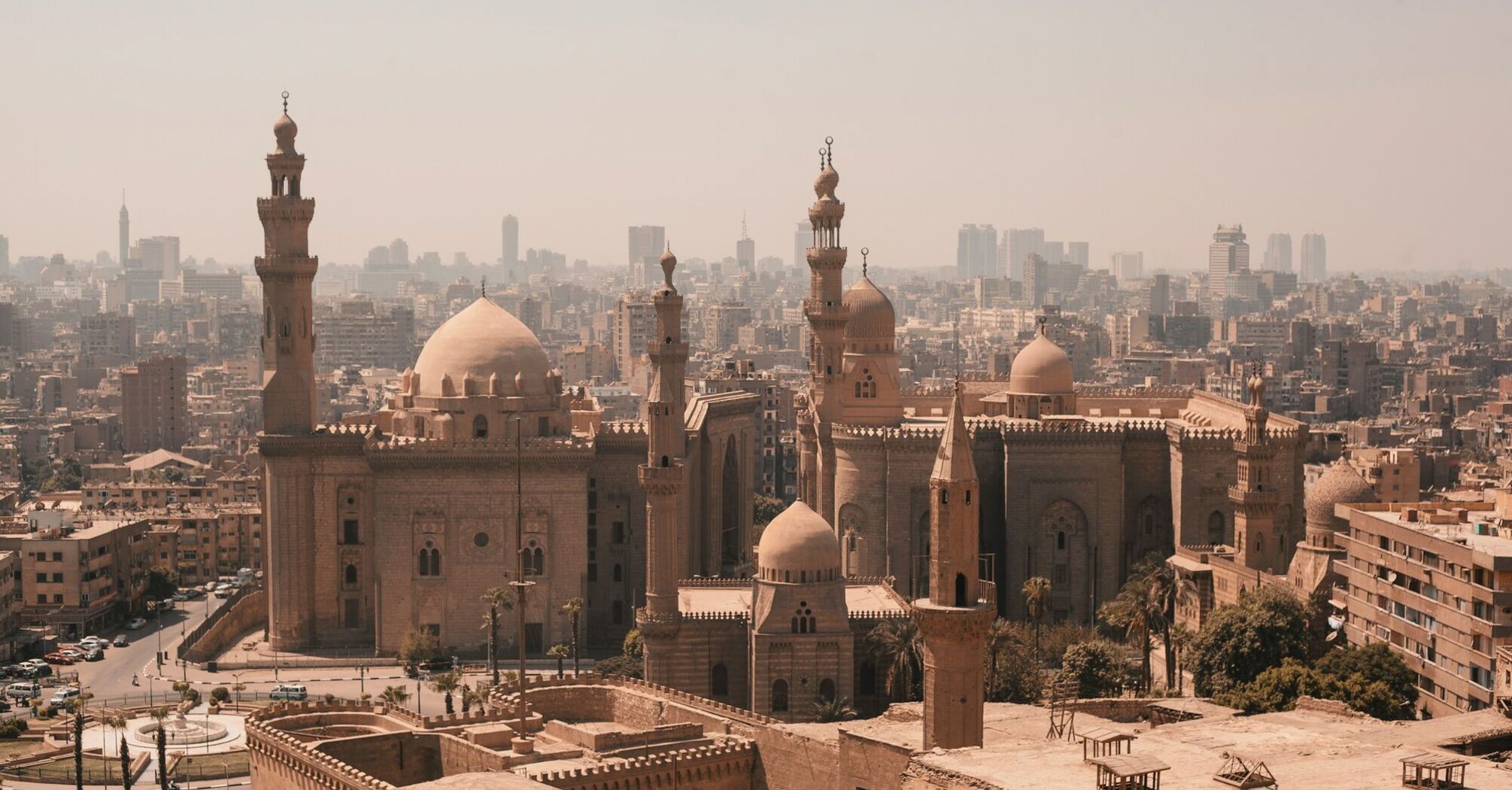 Historic mosques and Cairo skyline
