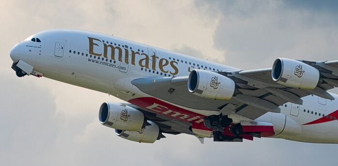Emirates Airbus A380 in flight